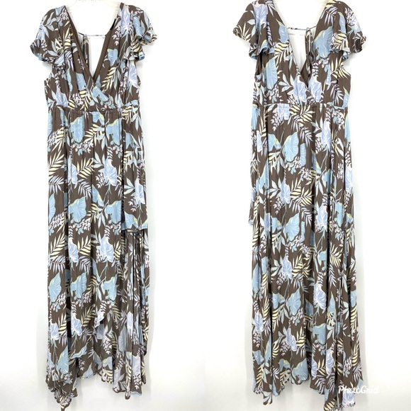 Torrid 00 Maxi Gauze Walk Through Dress Romper Blue Brown Floral - Picture 1 of 7